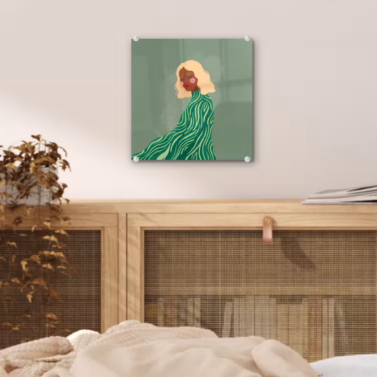 Glas schilderij - Vrouw - Portret - Illustratie - Modern - Groen — 5