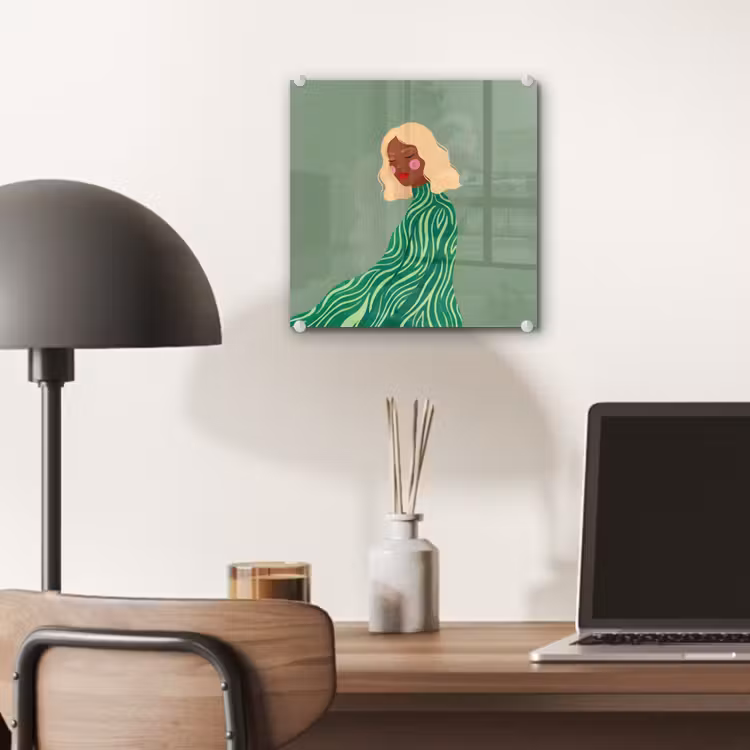 Glas schilderij - Vrouw - Portret - Illustratie - Modern - Groen — 7