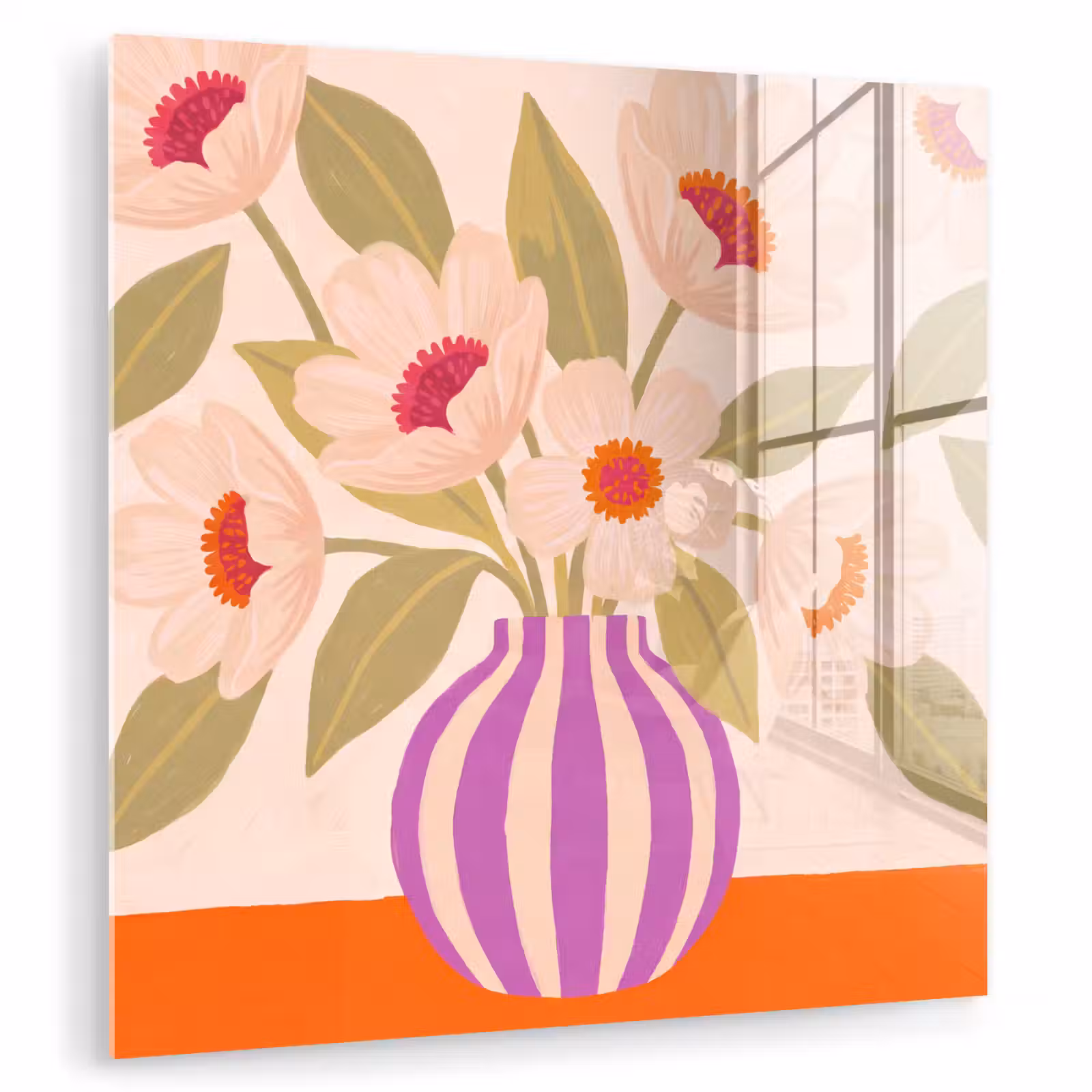 Glas schilderij - Bloemen - Vaas - Abstract - Paars - Oranje — 1