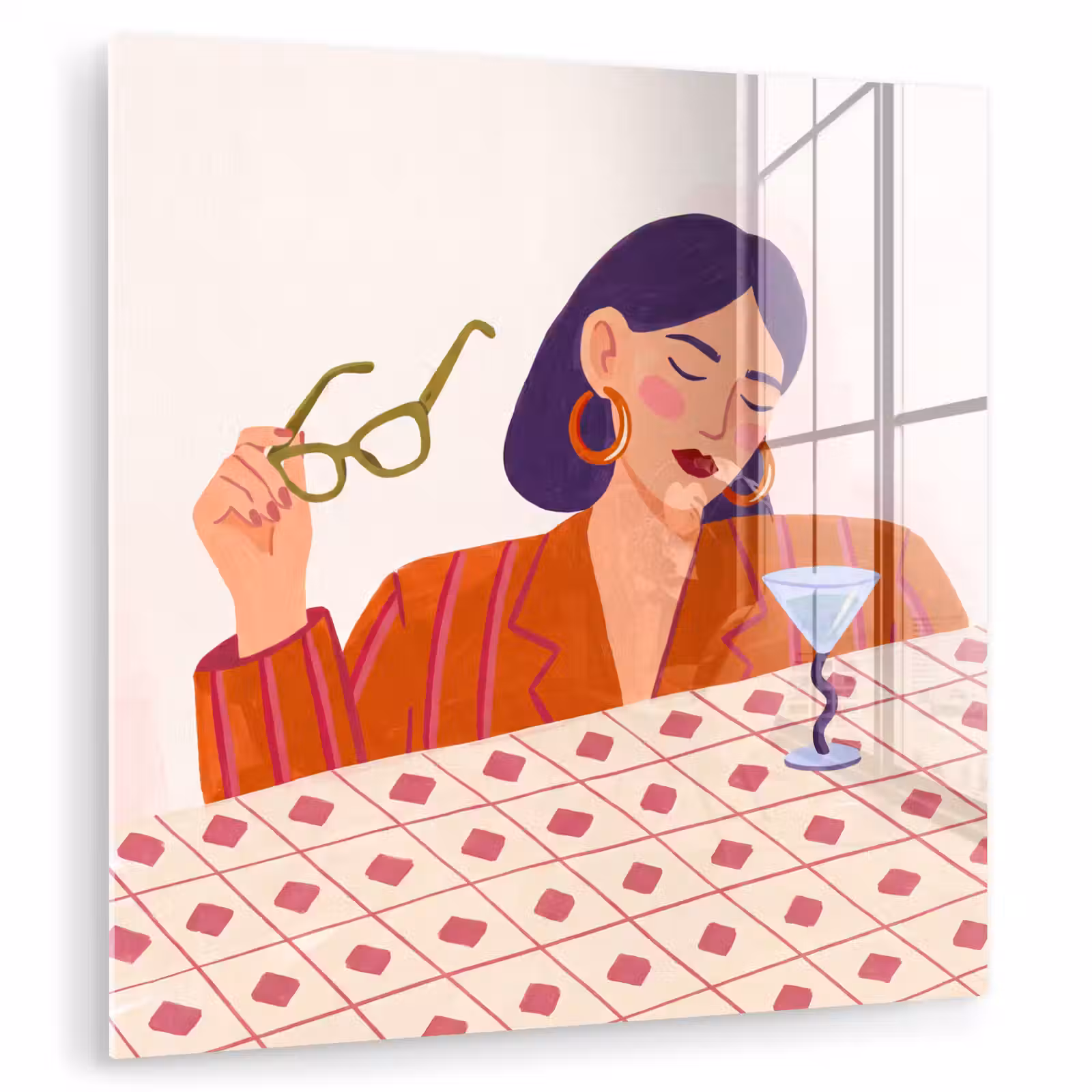 Glas schilderij - Vrouw - Bril - Cocktail - Illustratie - Modern — 1