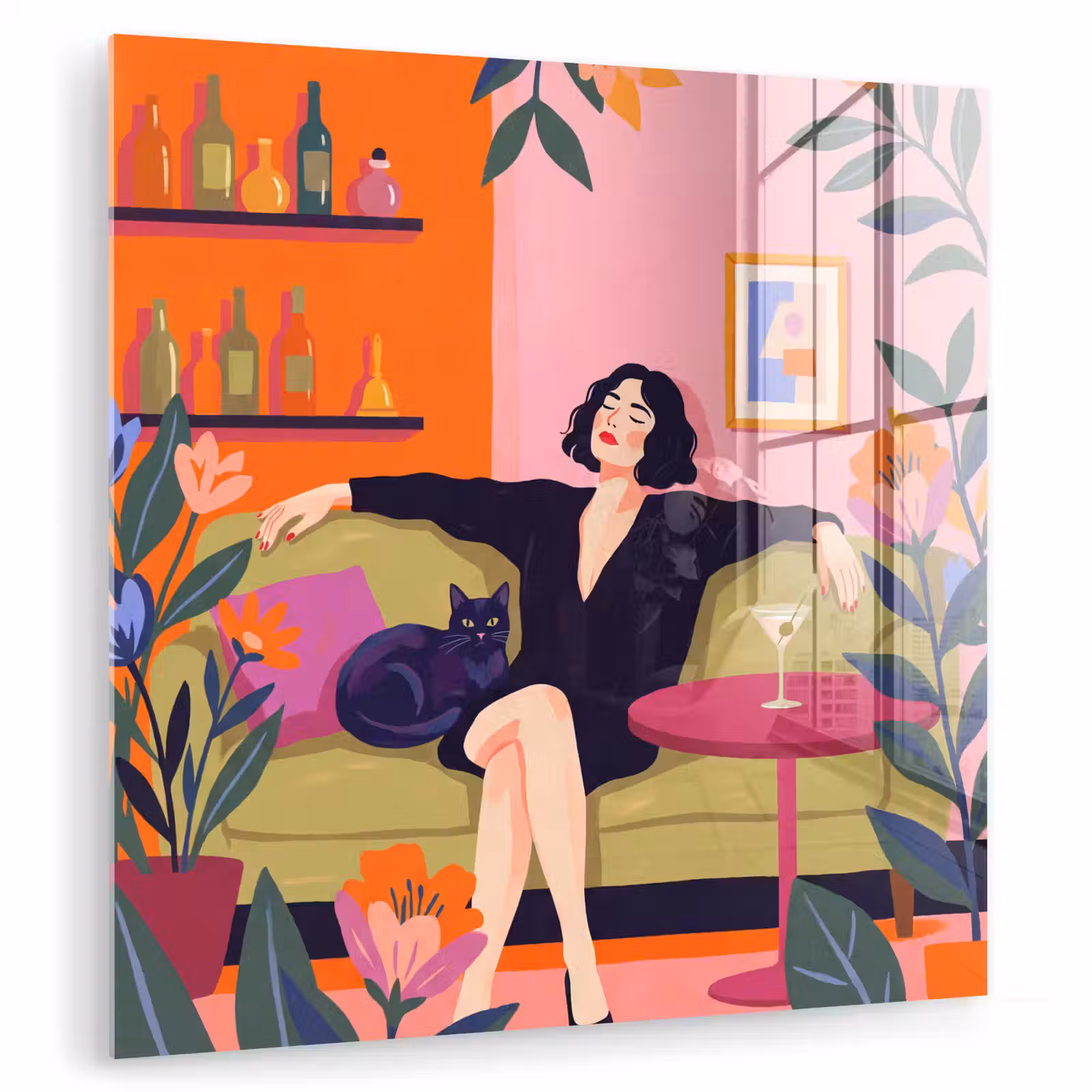 Glas schilderij - Vrouw - Kat - Interieur - Modern - Kleurrijk — 1