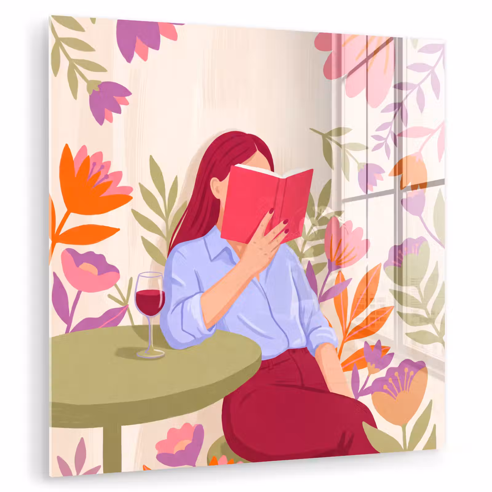 Glas schilderij - Vrouw - Lezen - Thuis - Modern - Bloemen — 1