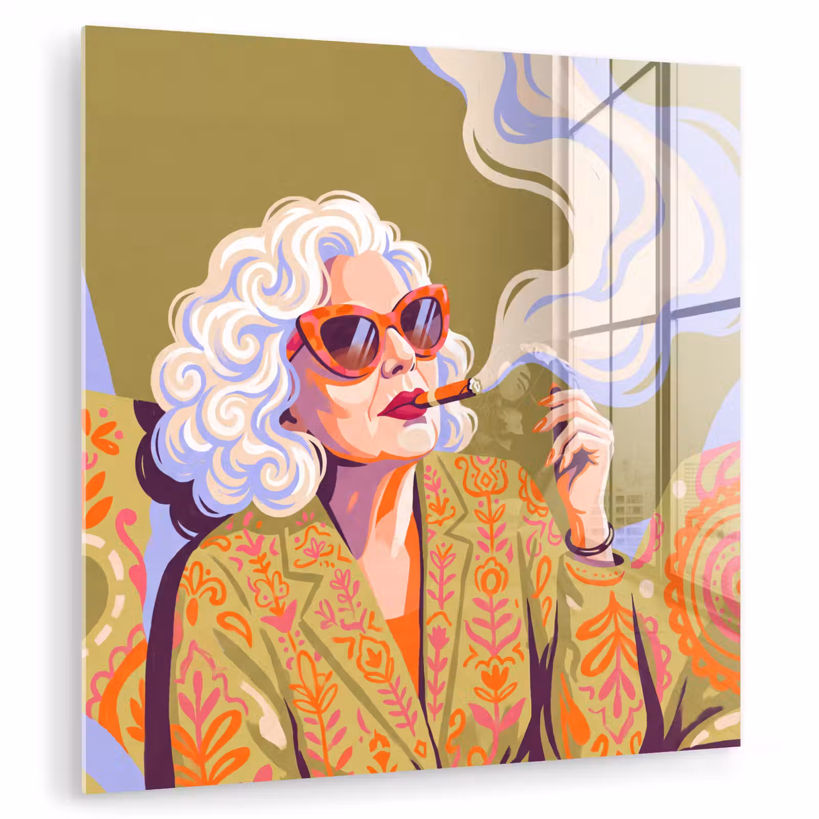 Glas schilderij - Vrouw - Zonnebril - Portret - Modern - Kleurrijk — 1