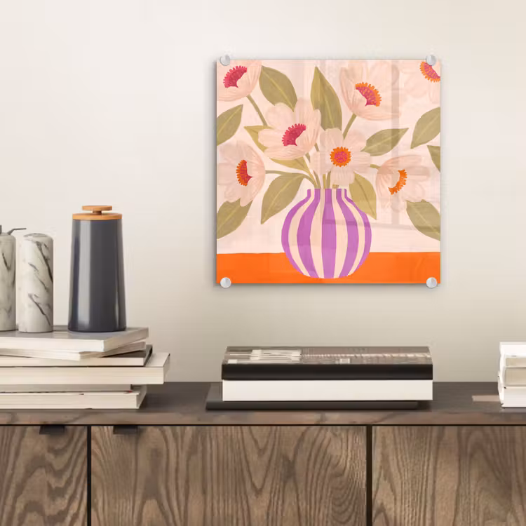 Glas schilderij - Bloemen - Vaas - Abstract - Paars - Oranje — 2