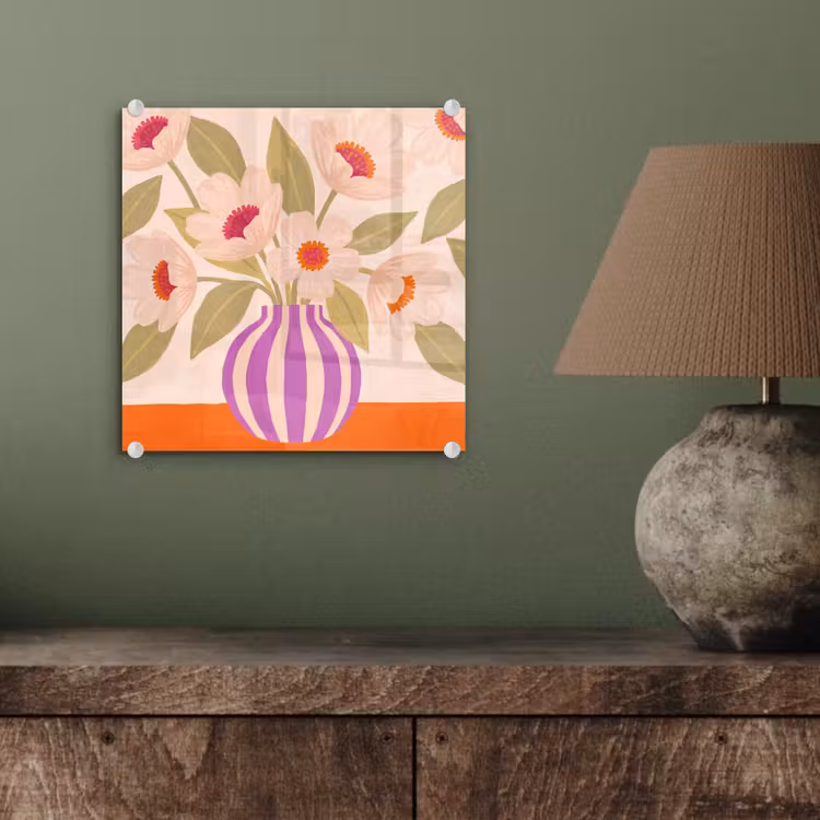 Glas schilderij - Bloemen - Vaas - Abstract - Paars - Oranje — 4