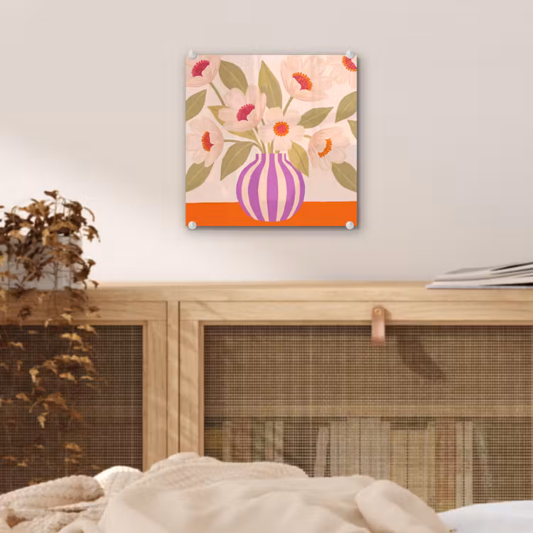 Glas schilderij - Bloemen - Vaas - Abstract - Paars - Oranje — 5