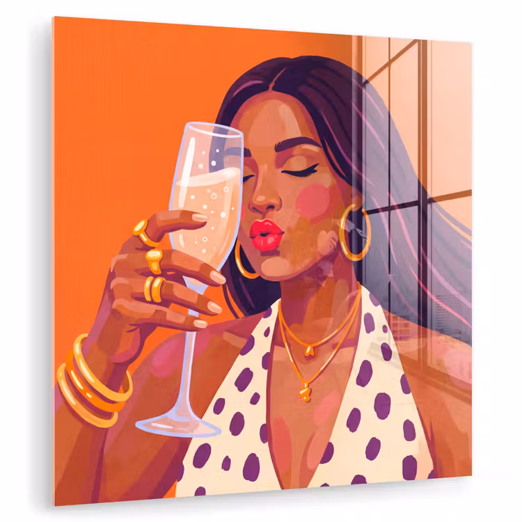 Glas schilderij - Vrouw - Champagne - Feest - Modern - Oranje — 1