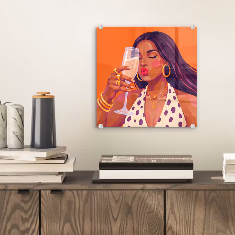 Glas schilderij - Vrouw - Champagne - Feest - Modern - Oranje — 2