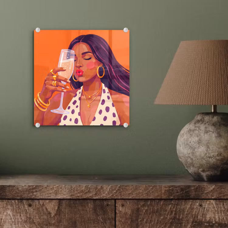 Glas schilderij - Vrouw - Champagne - Feest - Modern - Oranje — 4