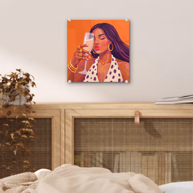Glas schilderij - Vrouw - Champagne - Feest - Modern - Oranje — 5