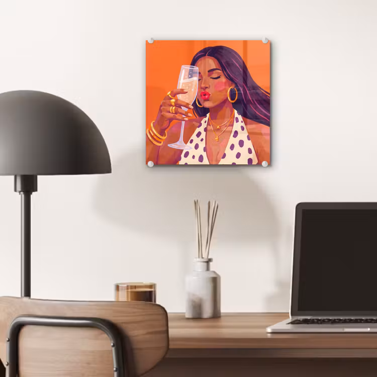 Glas schilderij - Vrouw - Champagne - Feest - Modern - Oranje — 7