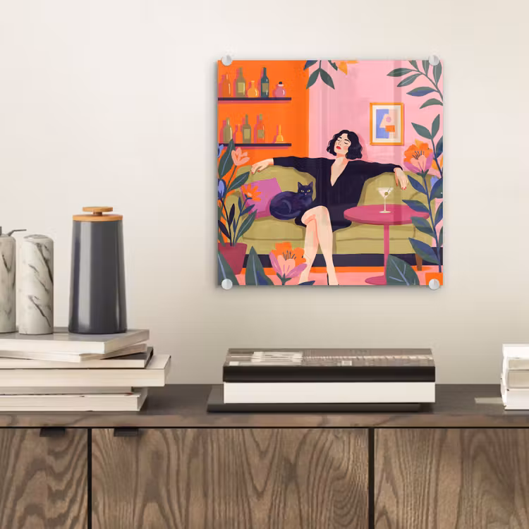 Glas schilderij - Vrouw - Kat - Interieur - Modern - Kleurrijk — 2