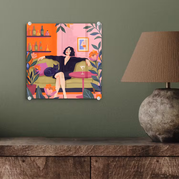 Glas schilderij - Vrouw - Kat - Interieur - Modern - Kleurrijk — 4