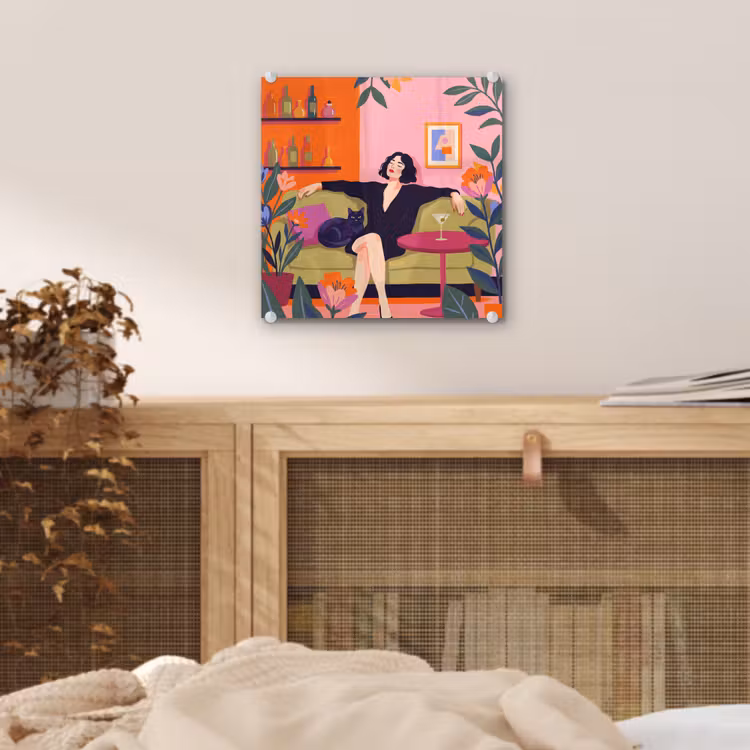 Glas schilderij - Vrouw - Kat - Interieur - Modern - Kleurrijk — 5