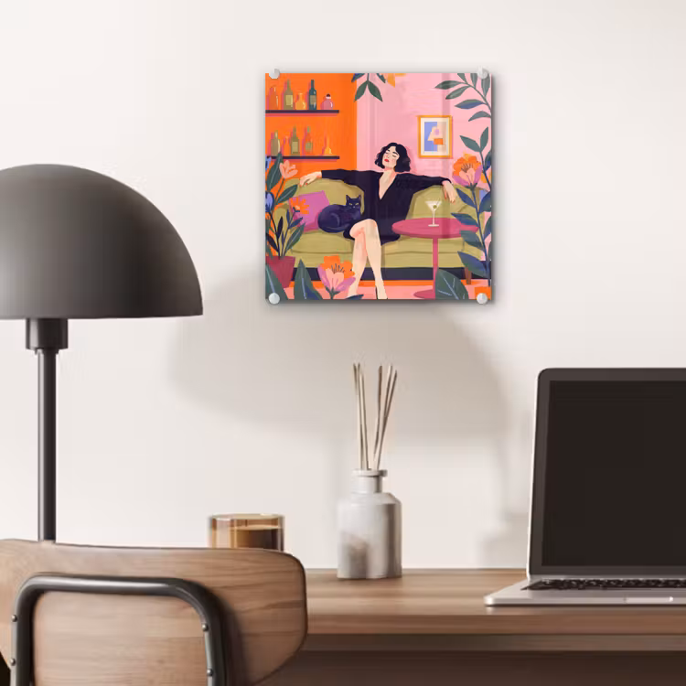 Glas schilderij - Vrouw - Kat - Interieur - Modern - Kleurrijk — 7