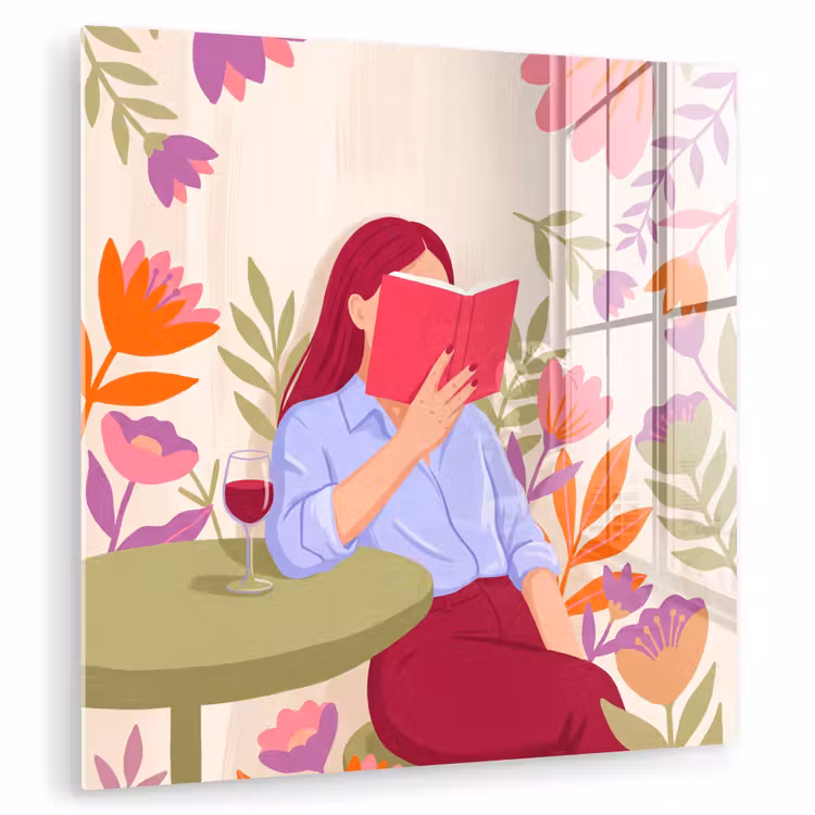 Glas schilderij - Vrouw - Lezen - Thuis - Modern - Bloemen — 1