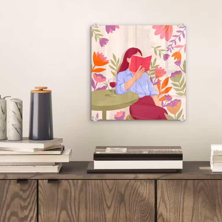 Glas schilderij - Vrouw - Lezen - Thuis - Modern - Bloemen — 2