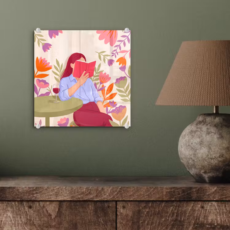 Glas schilderij - Vrouw - Lezen - Thuis - Modern - Bloemen — 4