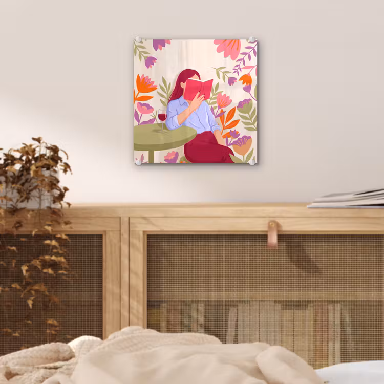 Glas schilderij - Vrouw - Lezen - Thuis - Modern - Bloemen — 5