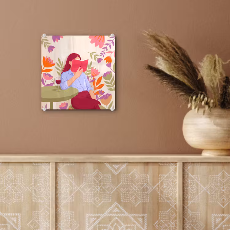 Glas schilderij - Vrouw - Lezen - Thuis - Modern - Bloemen — 6