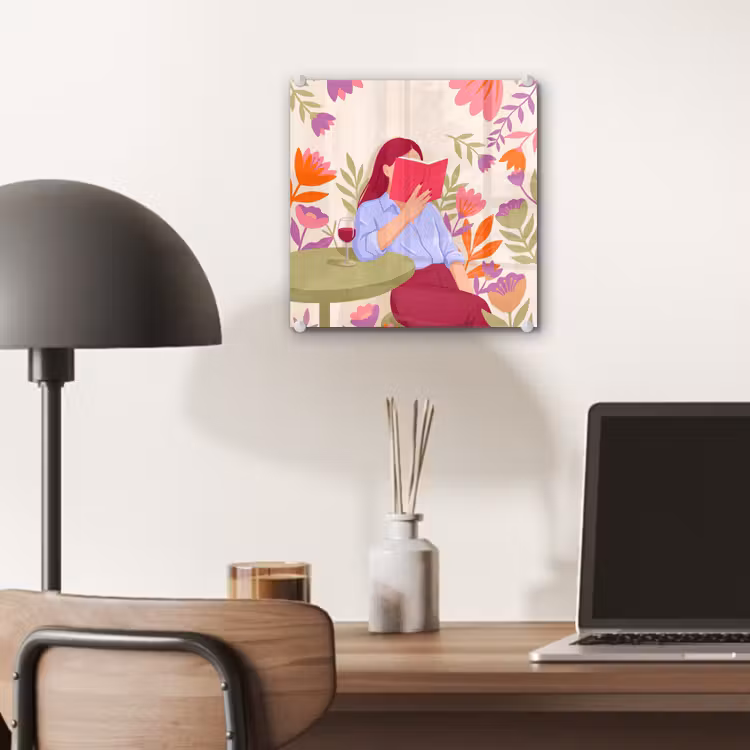 Glas schilderij - Vrouw - Lezen - Thuis - Modern - Bloemen — 7