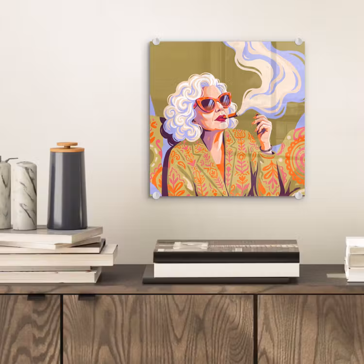 Glas schilderij - Vrouw - Zonnebril - Portret - Modern - Kleurrijk — 2