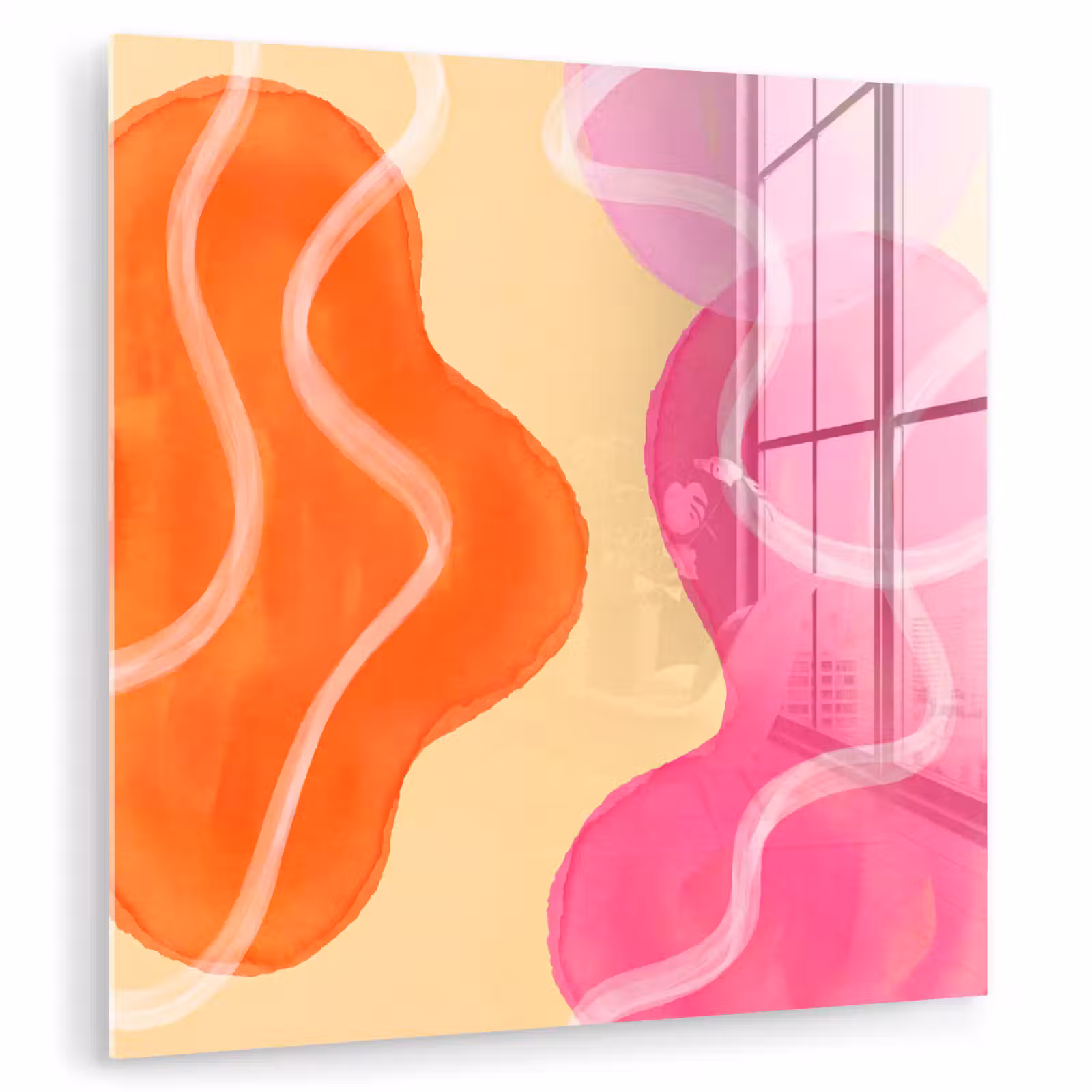 Glas schilderij - Abstract - Aquarel - Organisch - Oranje - Roze — 1