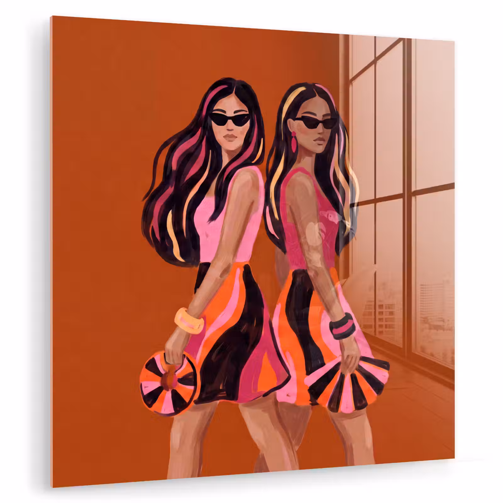 Glas schilderij - Mensen - Duo - Mode - Illustratie - Kleurrijk — 1