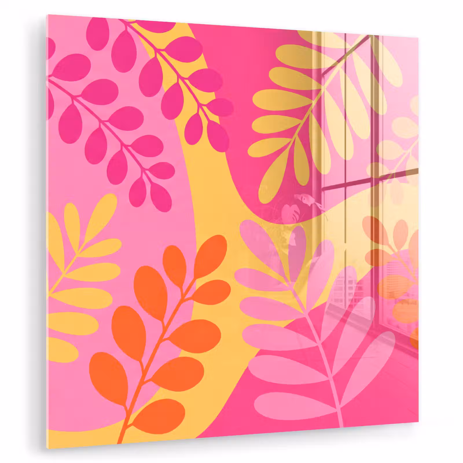 Glas schilderij - Natuur - Bladeren - Abstract - Roze - Geel — 1