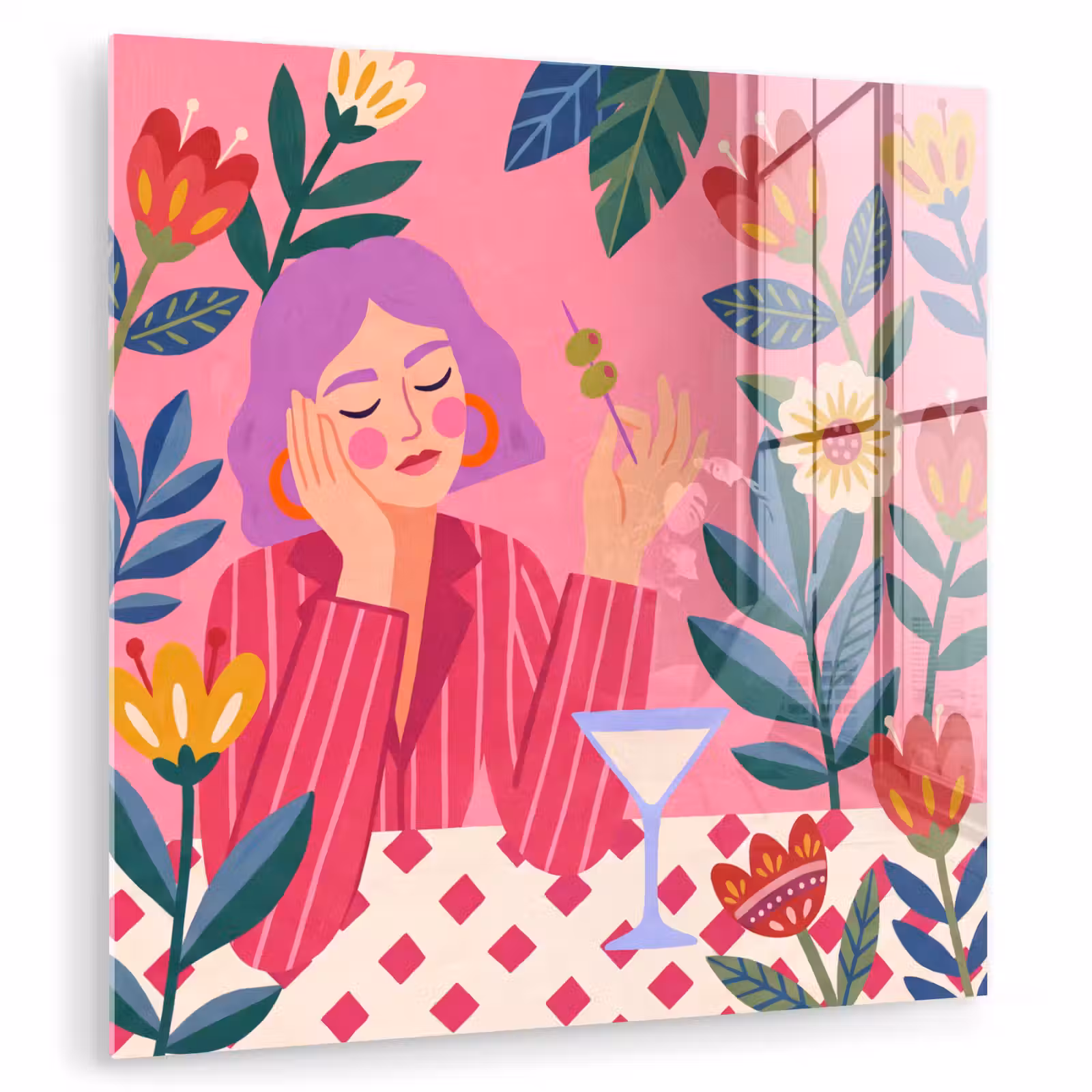 Glas schilderij - Vrouw - Cocktail - Bloemen - Modern - Roze — 1