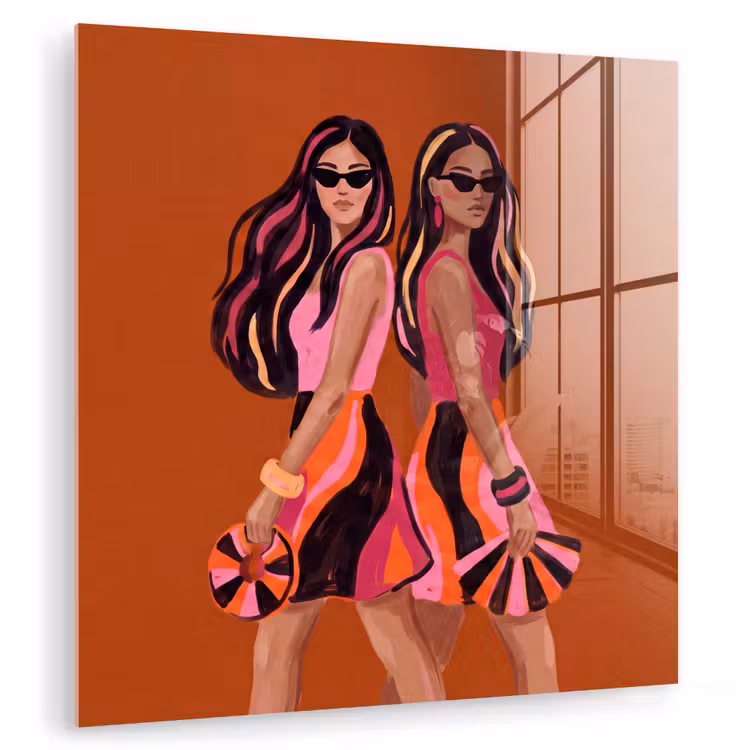 Glas schilderij - Mensen - Duo - Mode - Illustratie - Kleurrijk — 1