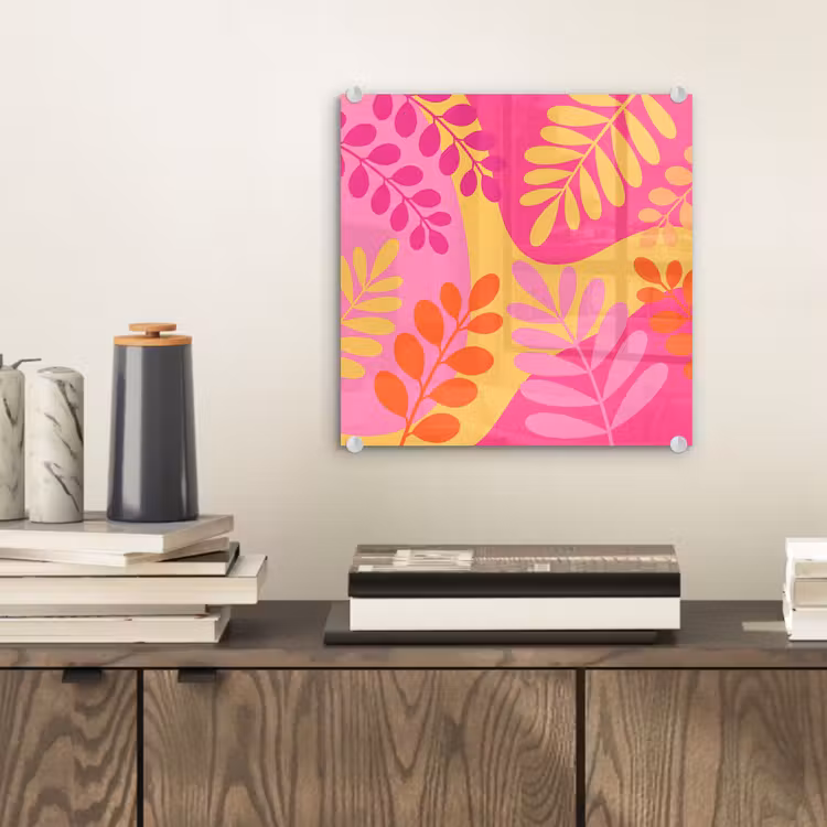 Glas schilderij - Natuur - Bladeren - Abstract - Roze - Geel — 2