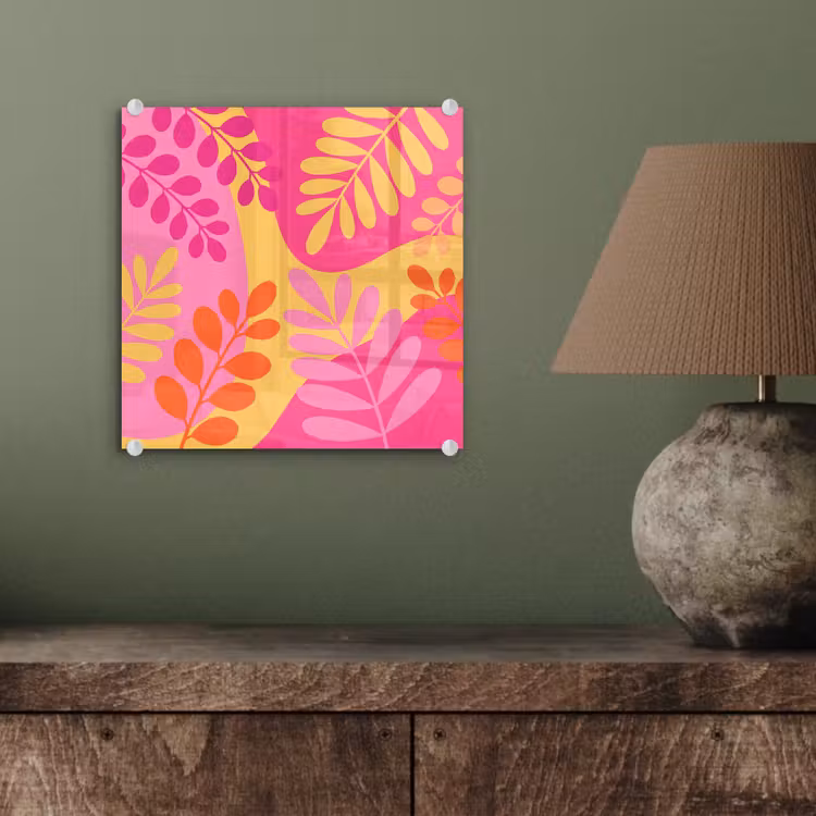 Glas schilderij - Natuur - Bladeren - Abstract - Roze - Geel — 4