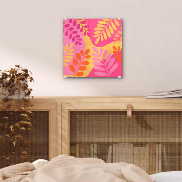 Glas schilderij - Natuur - Bladeren - Abstract - Roze - Geel — 5