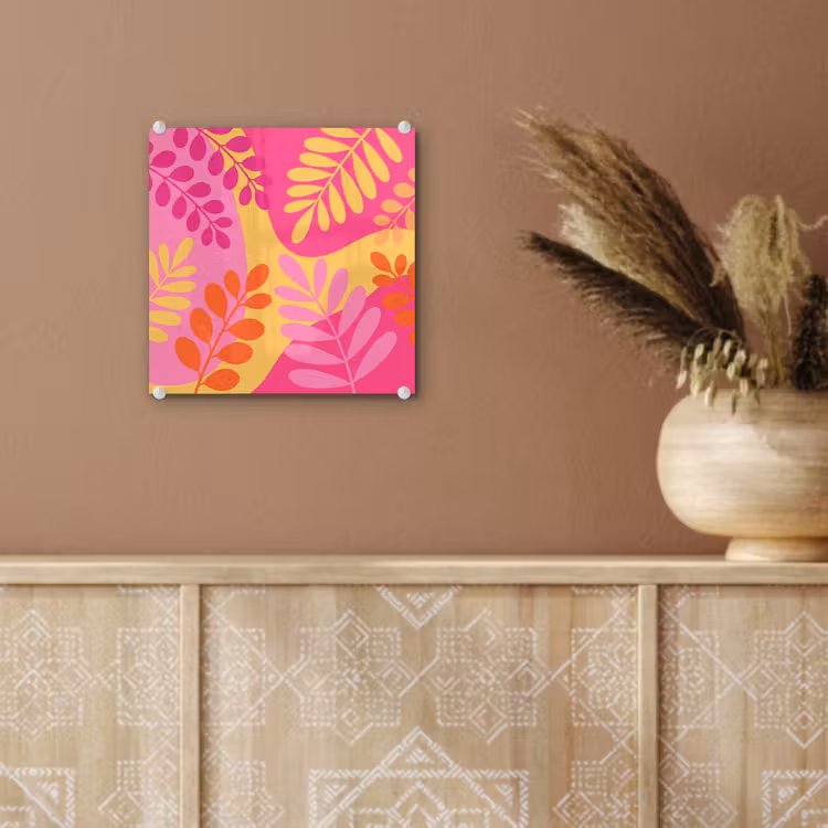 Glas schilderij - Natuur - Bladeren - Abstract - Roze - Geel — 6