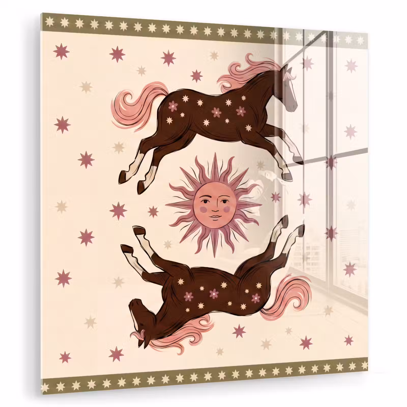 Glas schilderij - Paard - Zon - Mystiek - Illustratie - Roze — 1