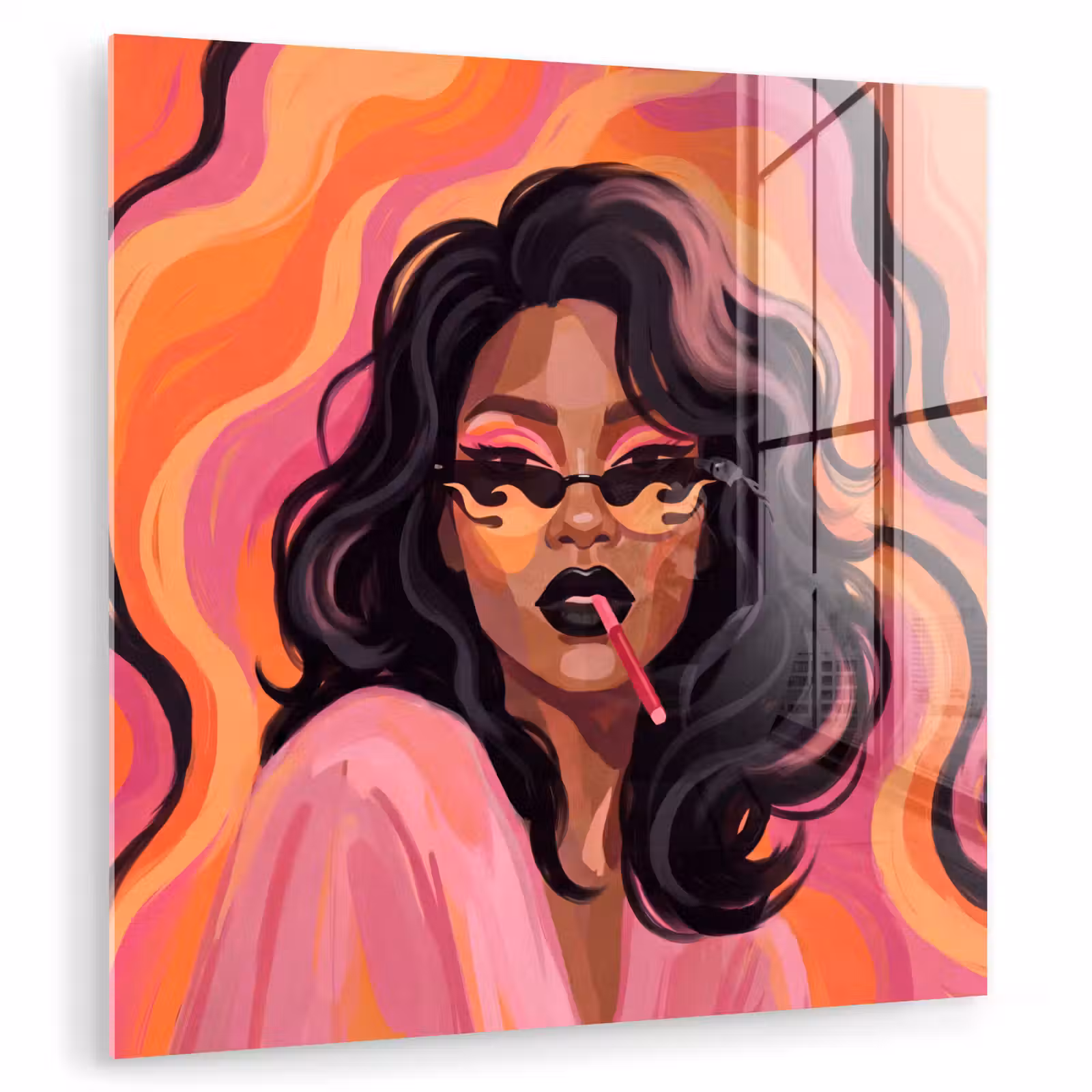 Glas schilderij - Vrouw - Zonnebril - Modern - Portret - Oranje — 1
