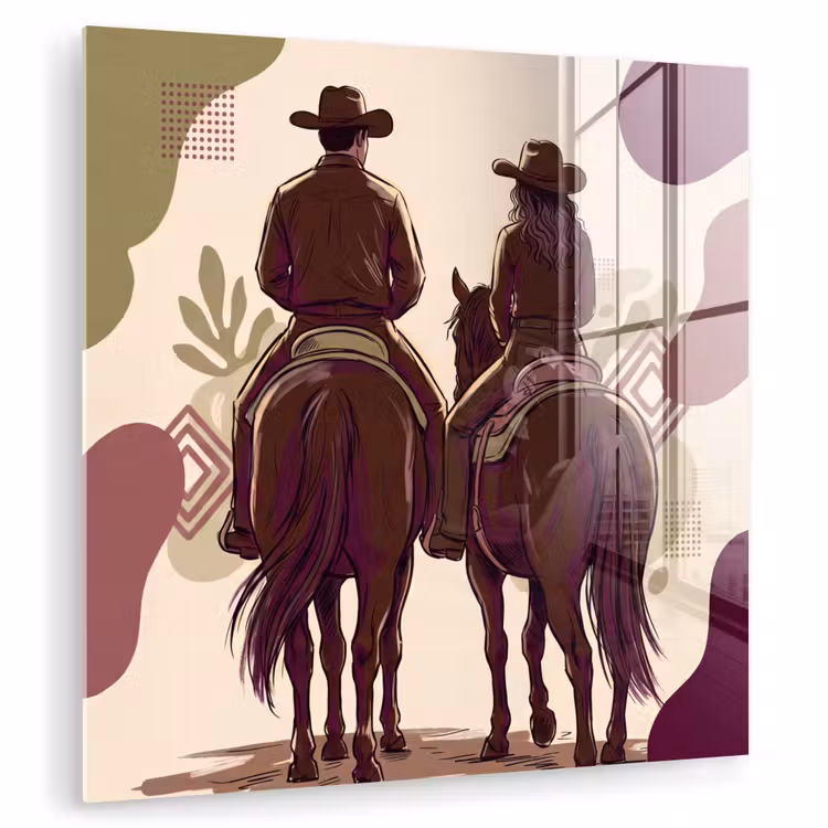 Glas schilderij - Mensen - Ruiters - Western - Illustratie - Bruin — 1