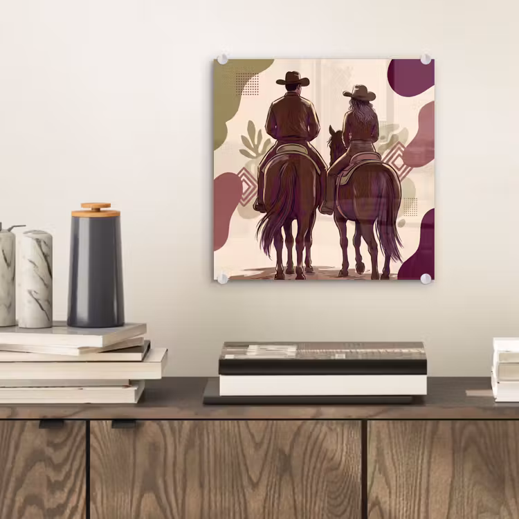 Glas schilderij - Mensen - Ruiters - Western - Illustratie - Bruin — 2