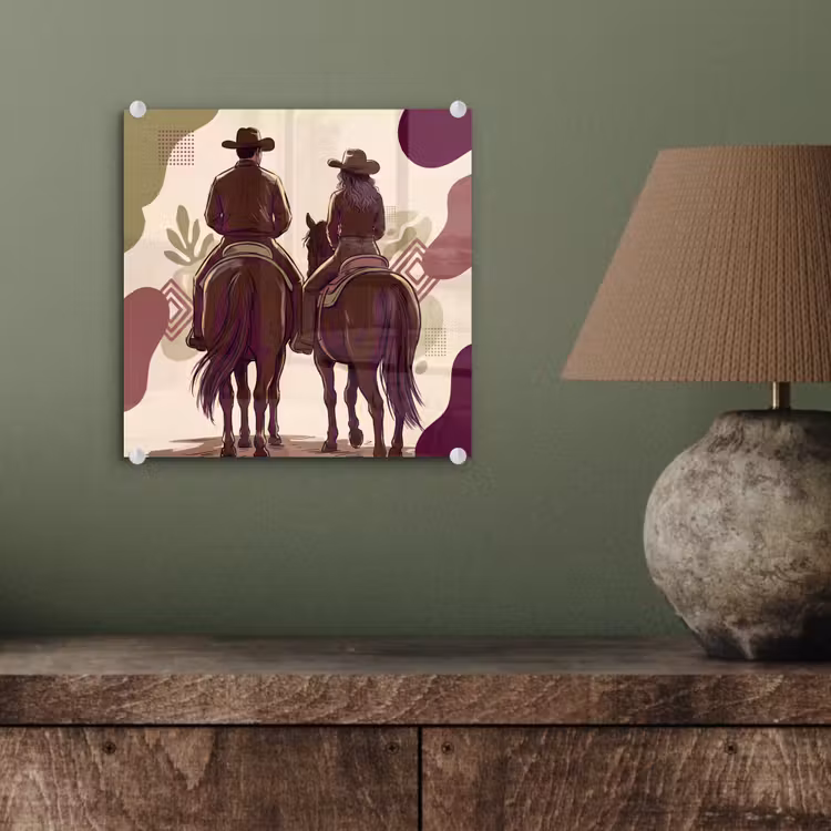 Glas schilderij - Mensen - Ruiters - Western - Illustratie - Bruin — 4