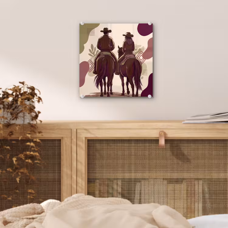 Glas schilderij - Mensen - Ruiters - Western - Illustratie - Bruin — 5