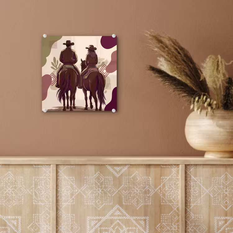 Glas schilderij - Mensen - Ruiters - Western - Illustratie - Bruin — 6