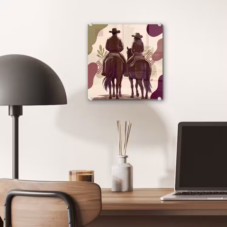 Glas schilderij - Mensen - Ruiters - Western - Illustratie - Bruin — 7
