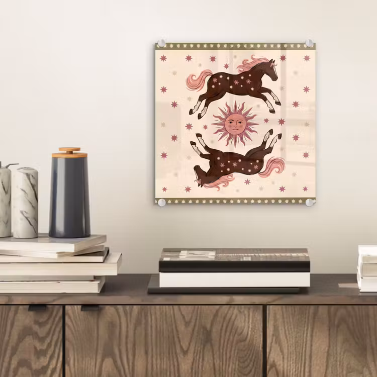 Glas schilderij - Paard - Zon - Mystiek - Illustratie - Roze — 2