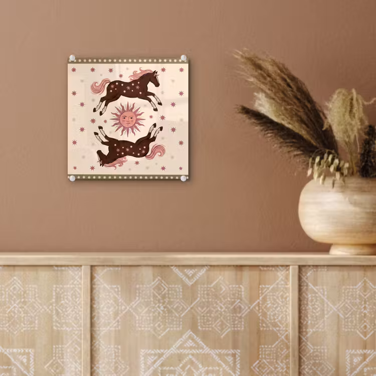 Glas schilderij - Paard - Zon - Mystiek - Illustratie - Roze — 6