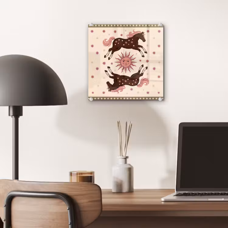 Glas schilderij - Paard - Zon - Mystiek - Illustratie - Roze — 7