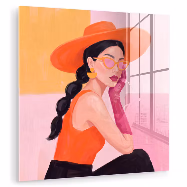 Glas schilderij - Vrouw - Hoed - Mode - Modern - Oranje — 1