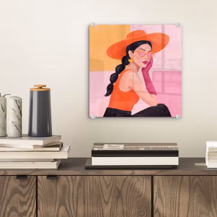 Glas schilderij - Vrouw - Hoed - Mode - Modern - Oranje — 2