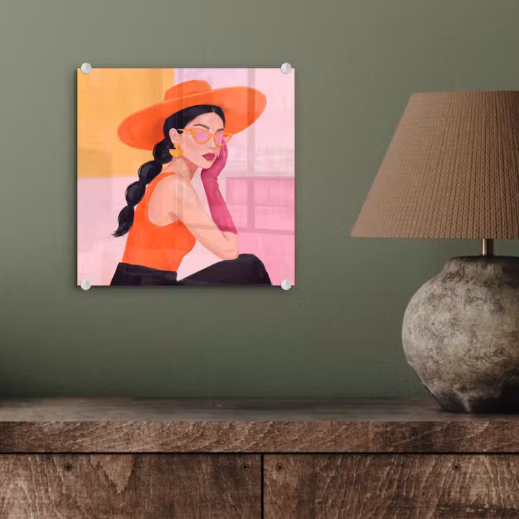 Glas schilderij - Vrouw - Hoed - Mode - Modern - Oranje — 4