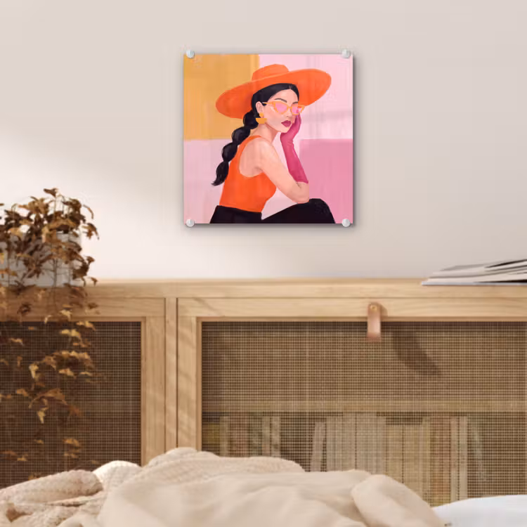 Glas schilderij - Vrouw - Hoed - Mode - Modern - Oranje — 5